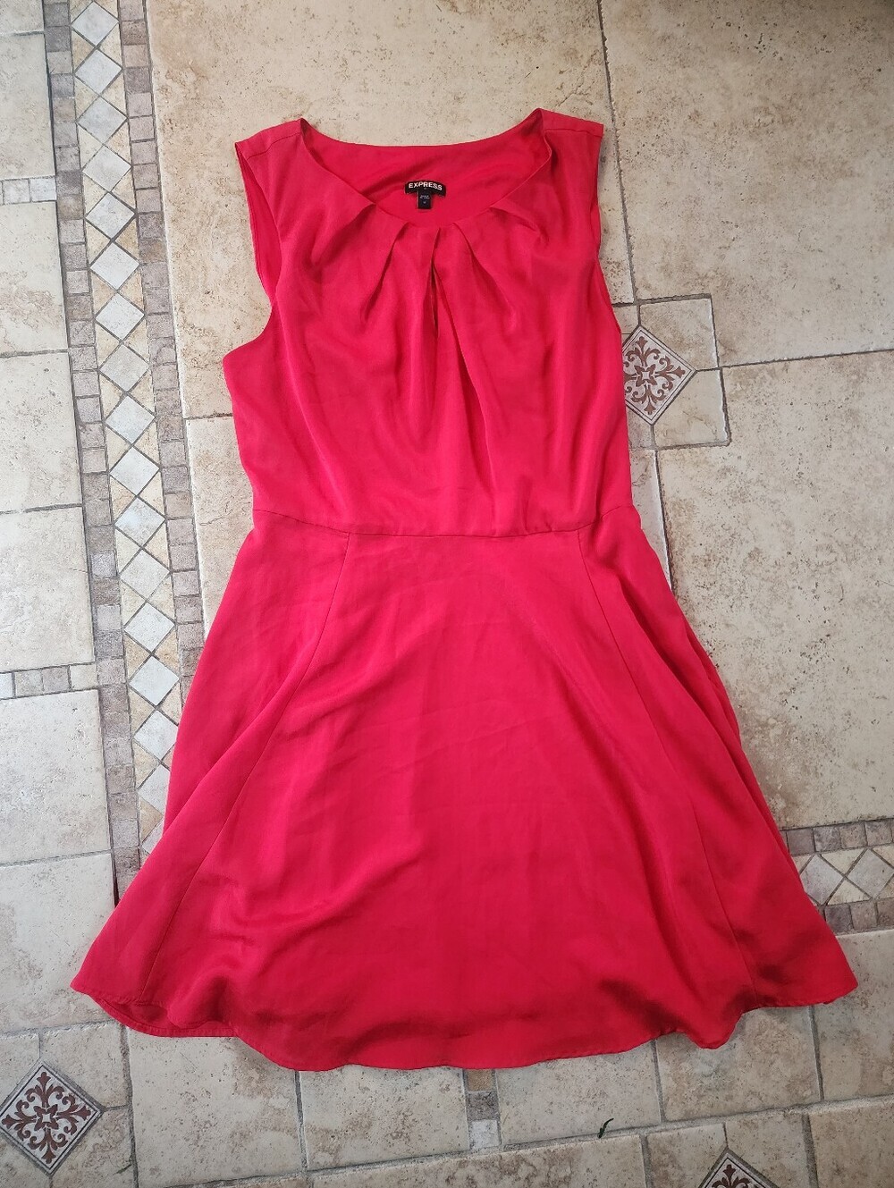 Express Red Sleeveless Pleated Neck  Dress